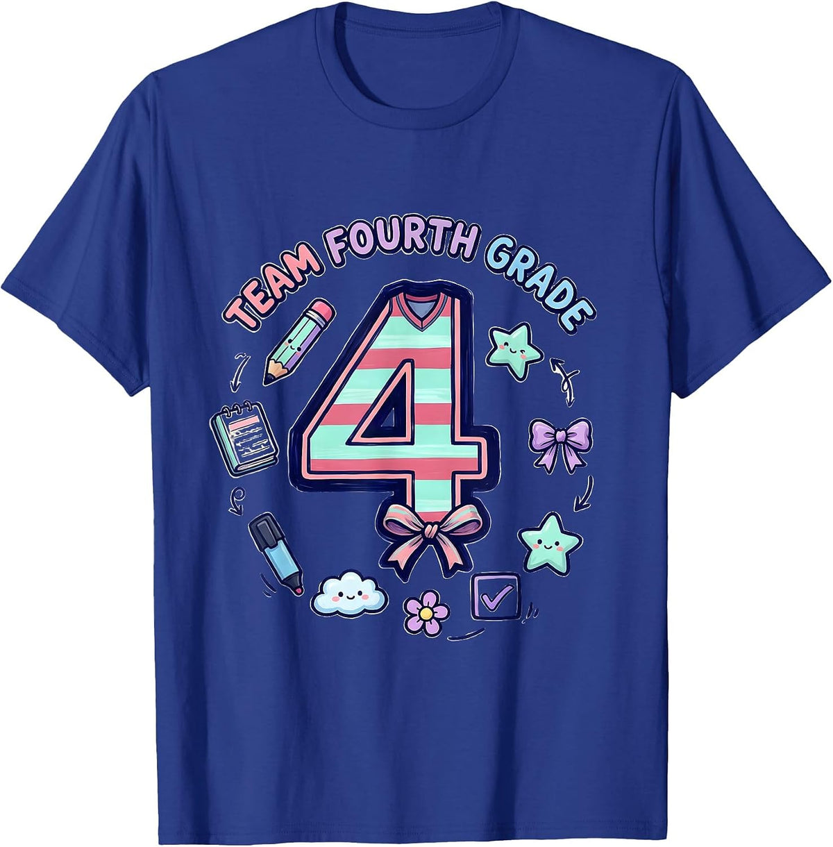 Men's Team Fourth Grade Kawaii Doodle Coquette Bow Back To School T-Shirt - Royal Blue