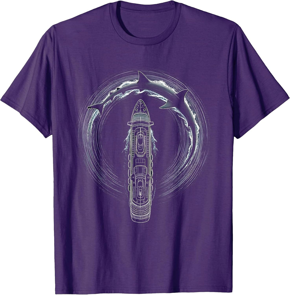 Men's Shark Fin Circling Cruise Ship Aerial View T-Shirt - Purple