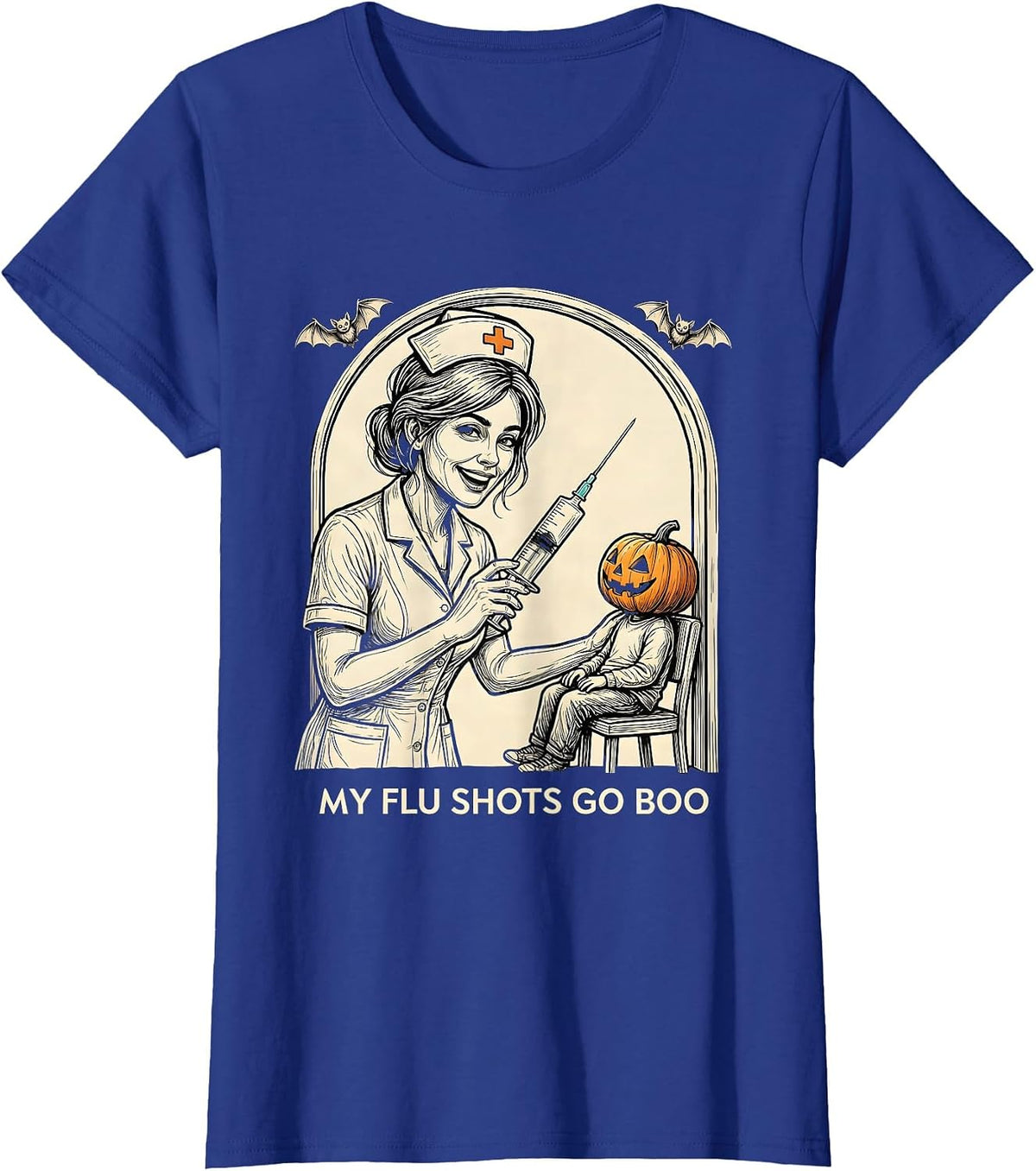 Women's My Flu Shots Go Boo Funny Nurse Ghost Halloween Vaccine T-Shirt - Royal Blue