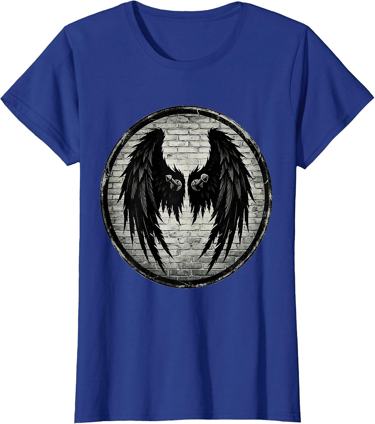 Women's Grunge Torn Angel Wings Pinned to Wall Art T-Shirt - Royal Blue