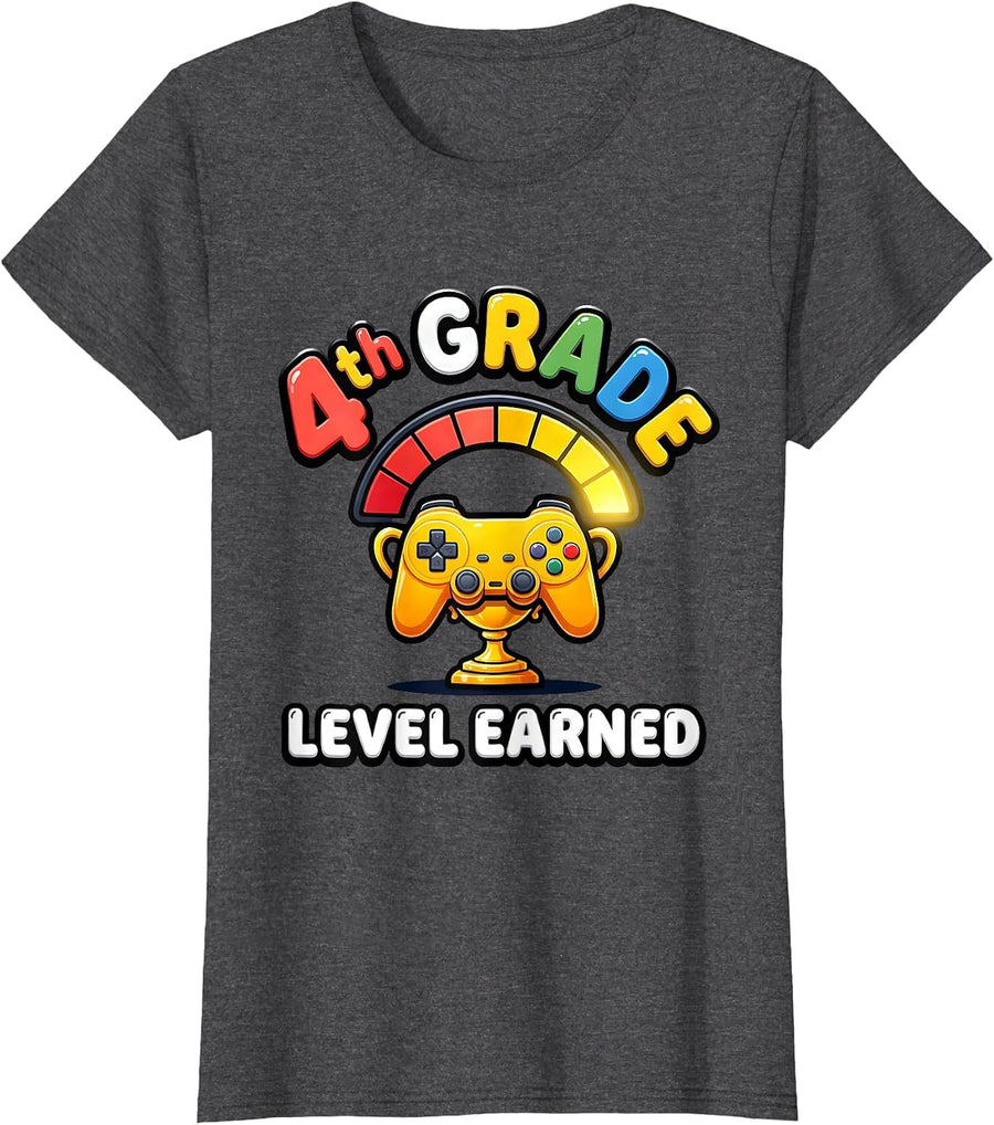 Women's 4th Grade Level Earned Back To School Gamer First Day Grade T-Shirt - Dark Heather Grey