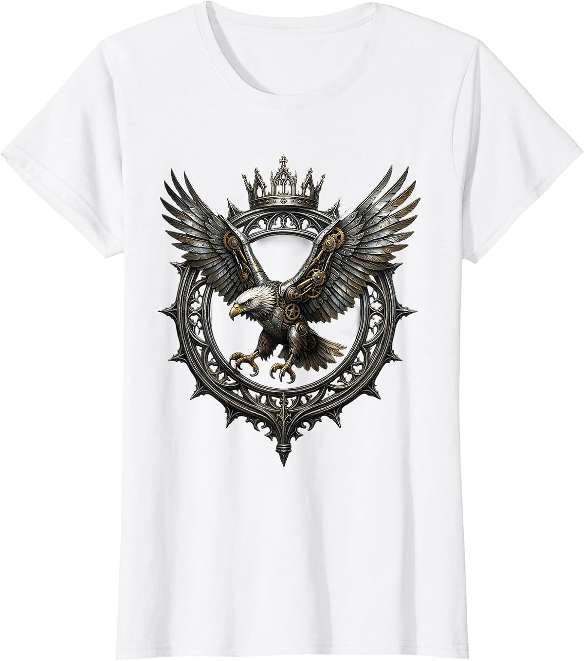 Women's Steampunk Eagle Mechanical Wings Soaring Art T-Shirt - White