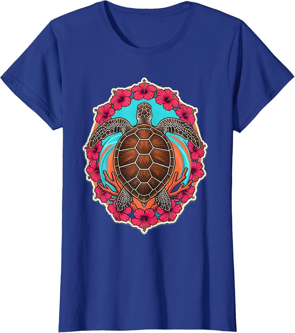 Women's Hawaii Sea Turtle Coral Reef Illustration T-Shirt - Royal Blue
