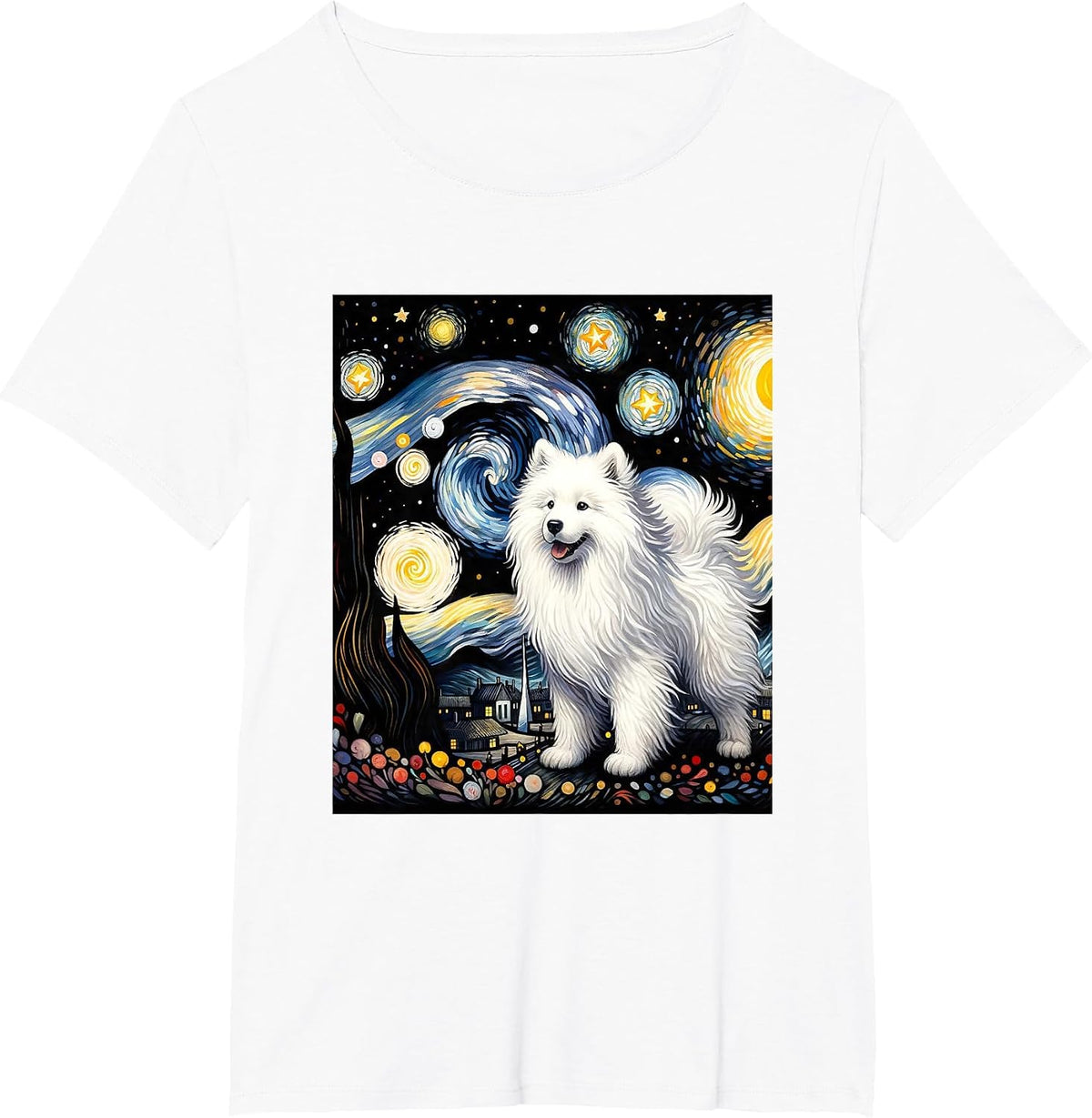Samoyed Dog Van Gogh Starry Night Painting T-Shirt - White