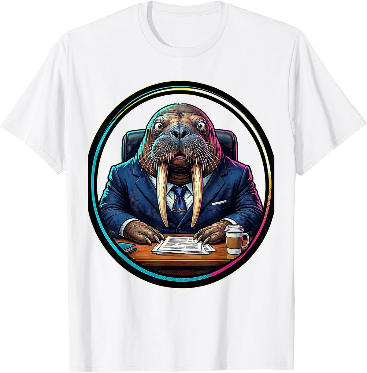 Men's Funny Walrus Business Suit Office Desk Graphic T-Shirt - White