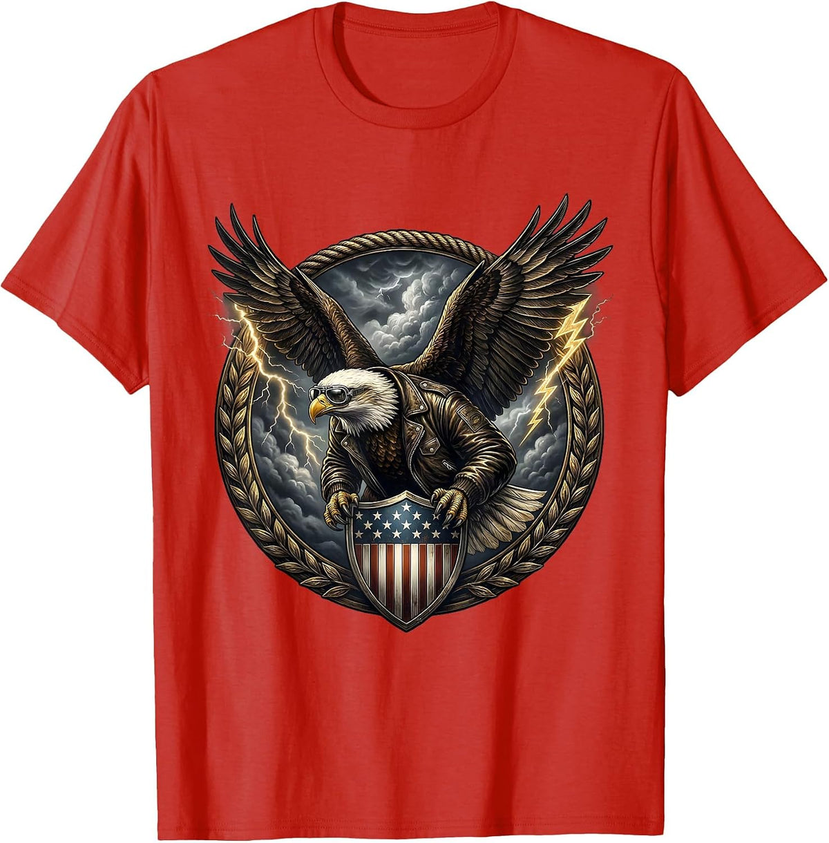 Men's Eagle and Shield Patriotic Stormy Sky Design T-Shirt - Red