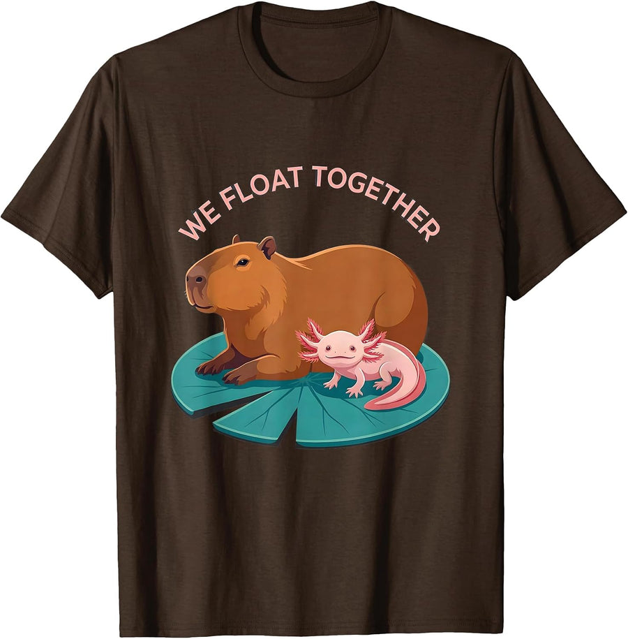 We Float Together Cute Kawaii Capybara Axolotl Animal Lover T-Shirt - Brown