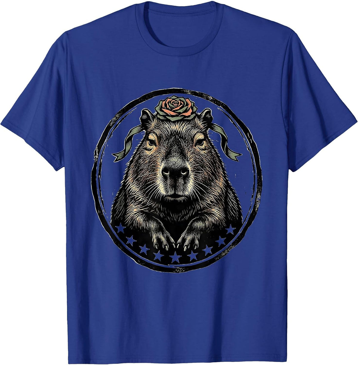 Seated Capybara Linocut Sarcastic Humor Novelty T-Shirt - Royal Blue