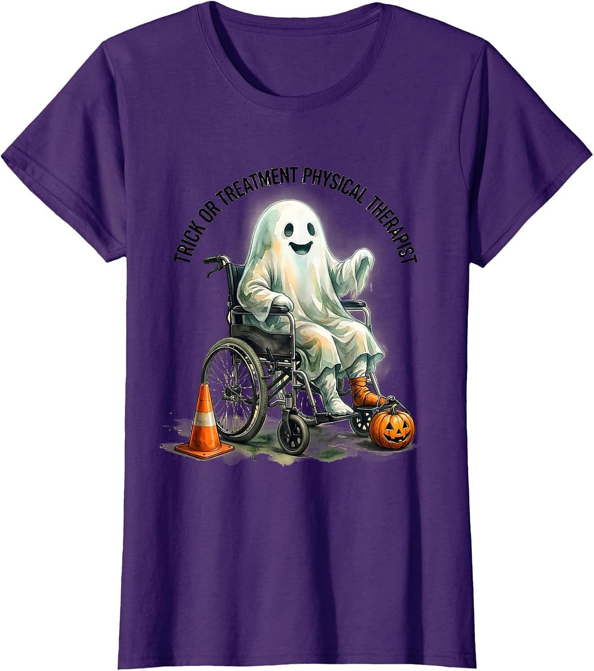 Women's Trick Or Treatment Physical Therapist Funny Ghost Halloween T-Shirt - Purple