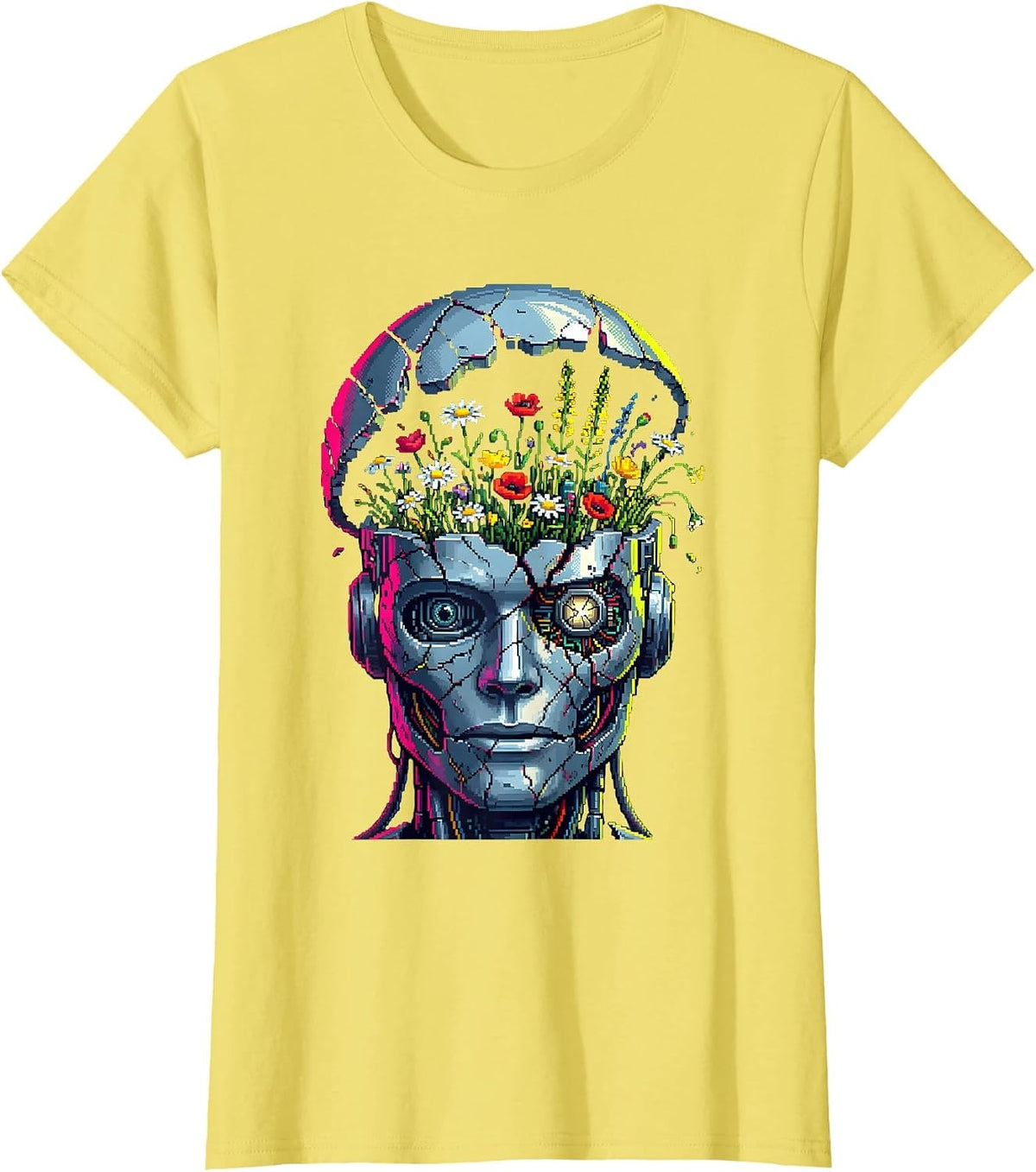 Broken Robot Wildflower Cyberpunk Graphic Design T-Shirt - Lemon Yellow