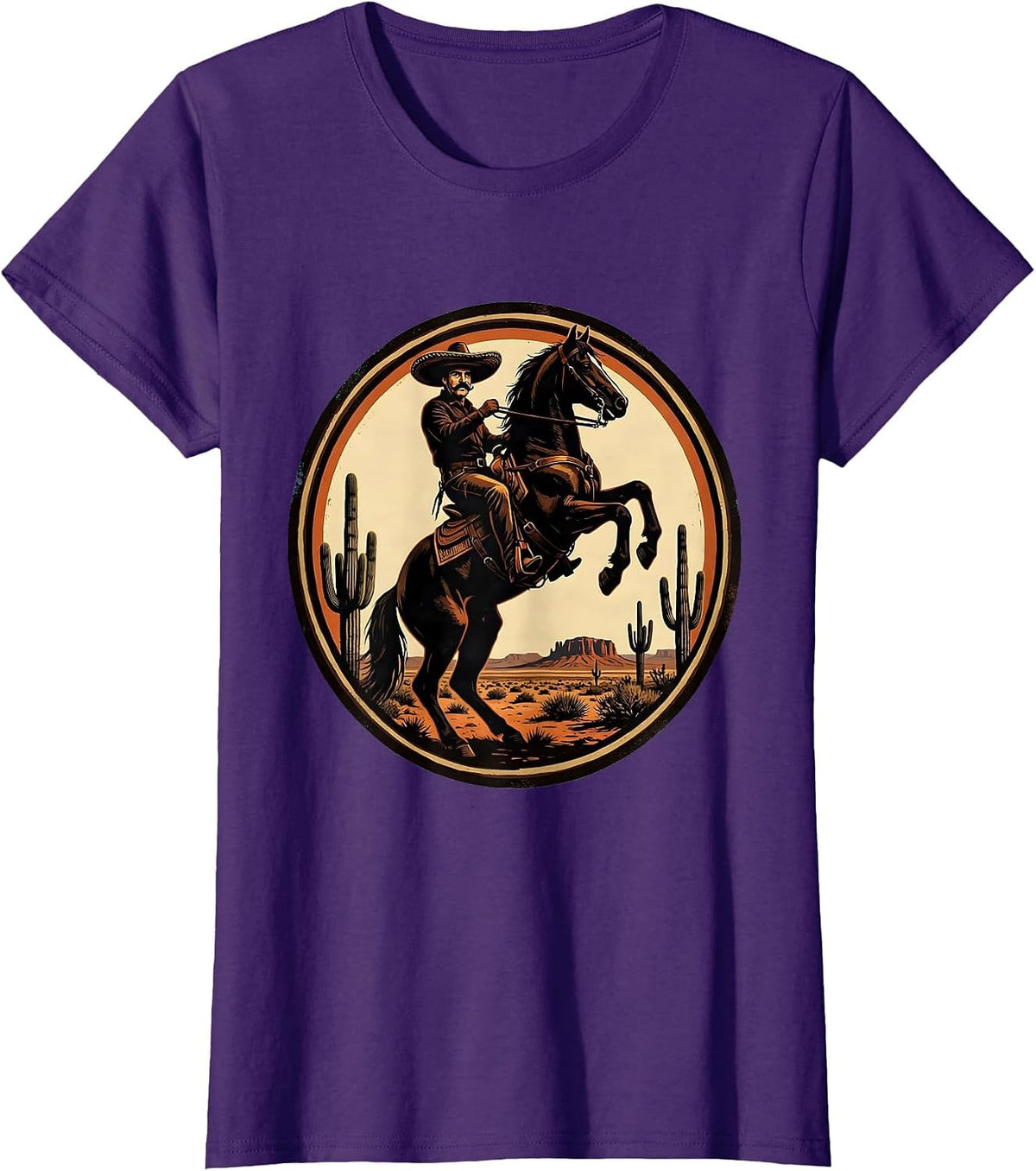 Women's Mustachioed Rider Desert Horseback Mexican Art T-Shirt - Purple