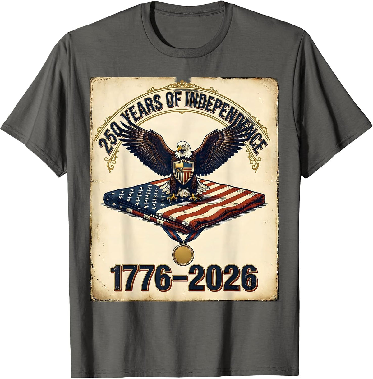 Men's 250 Years Of Independence 1776–2026 Vintage Patriotic Eagle T-Shirt - Asphalt Grey
