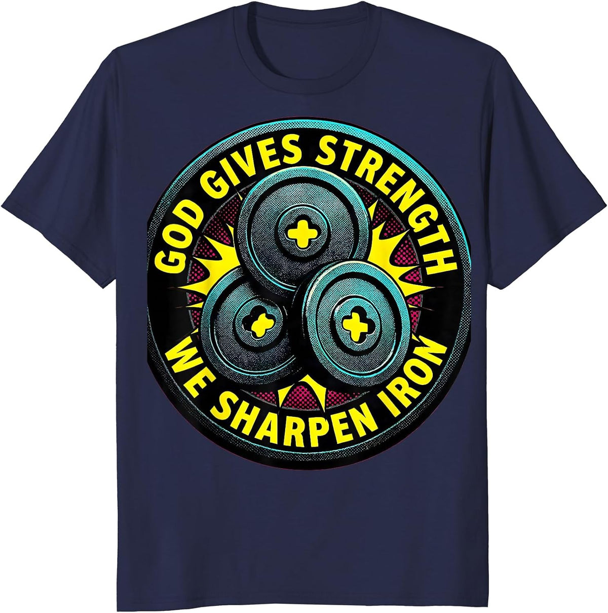Men's God Gives Strength We Sharpen Iron Pop Art Christian Men Gym T-Shirt - Navy Blue