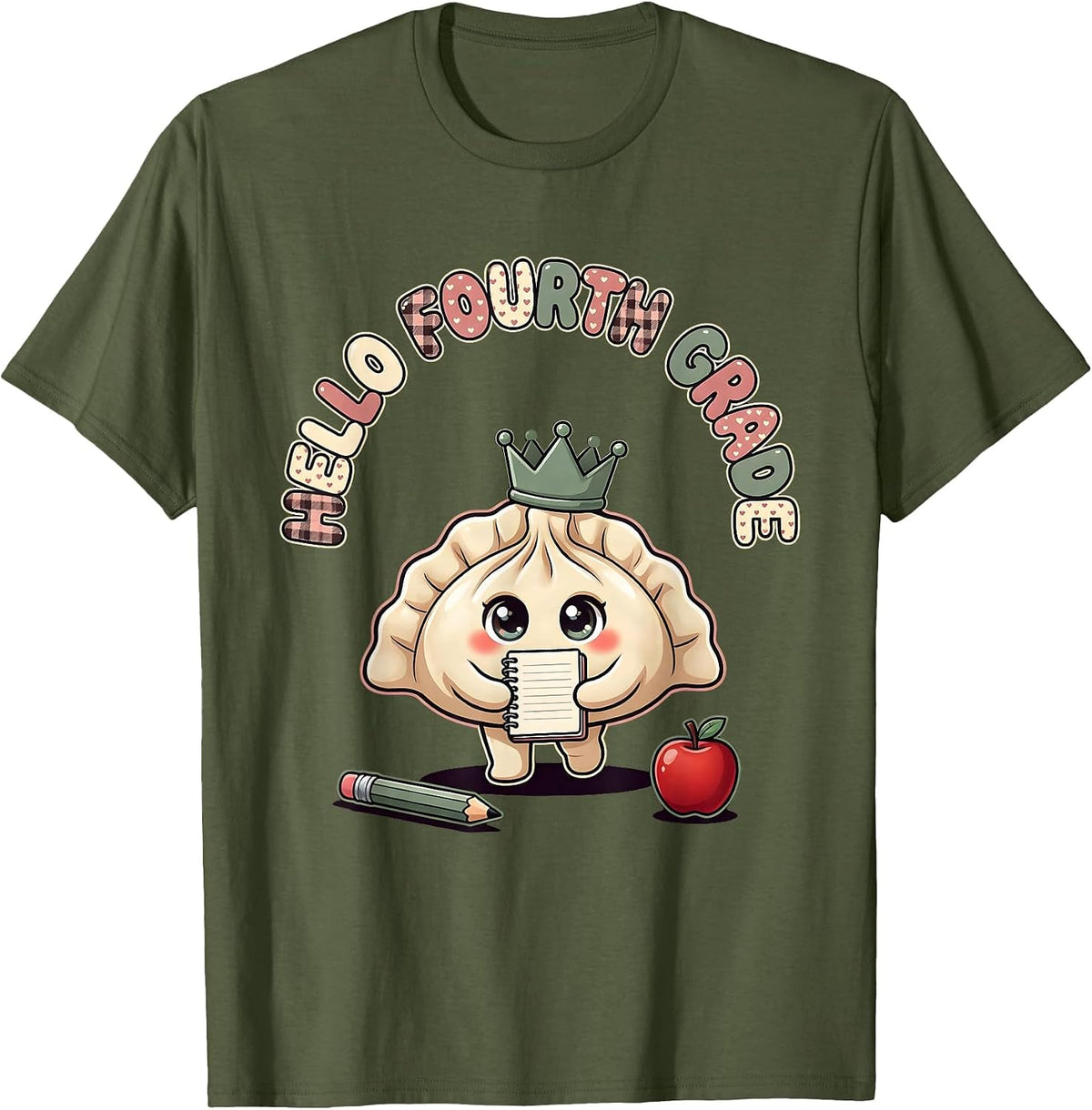 Hello Fourth Grade Cute Kawaii Dumpling Back to School Girl T-Shirt - Olive Green