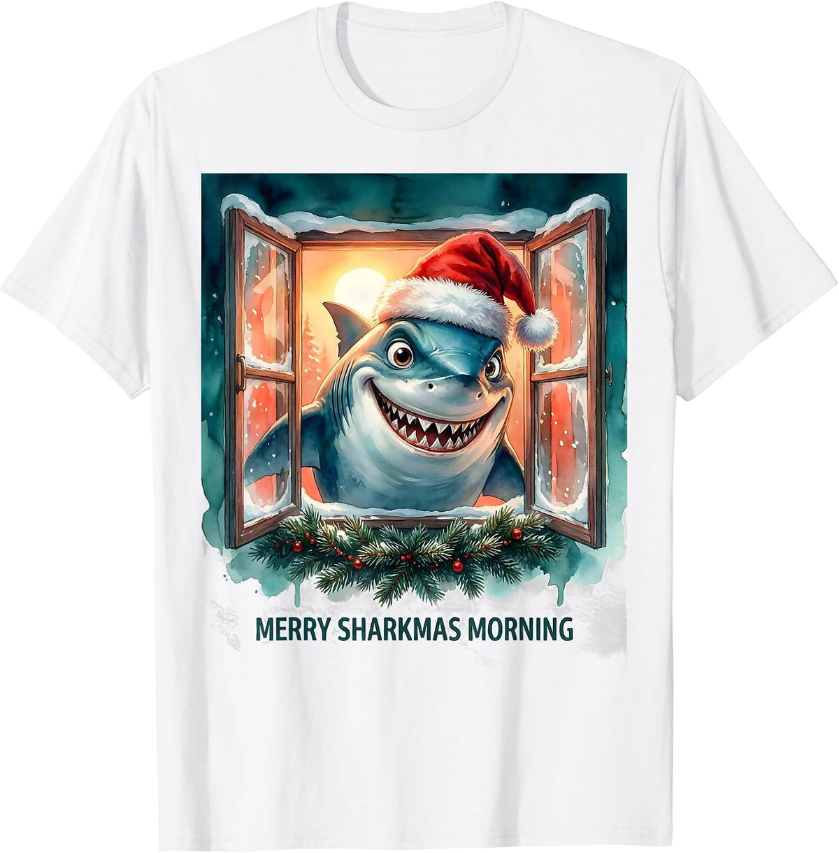 Men's Merry Sharkmas Morning Watercolor Shark Christmas Pun Humor T-Shirt - White