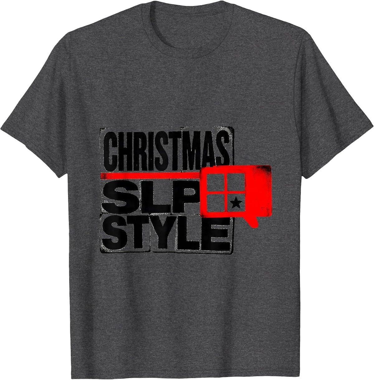 Men's Christmas SLP Style Wood Type Letterpress Speech Therapist T-Shirt - Dark Heather Grey