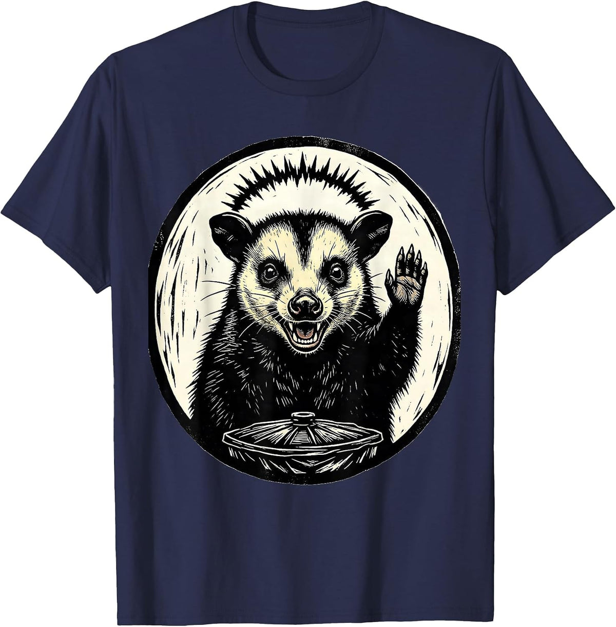 Calm Blessing Opossum Linocut Meme Humor Gift T-Shirt - Navy Blue