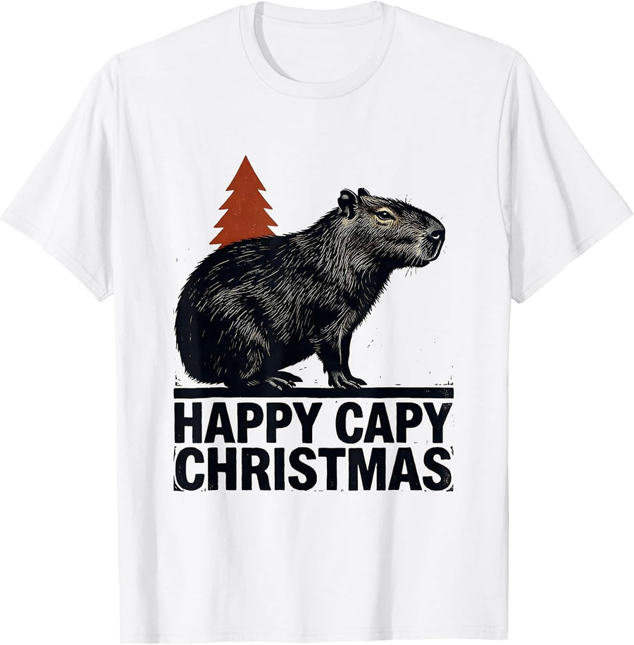 Men's Happy Capy Christmas Linocut Capybara Lover Family Humor T-Shirt - White