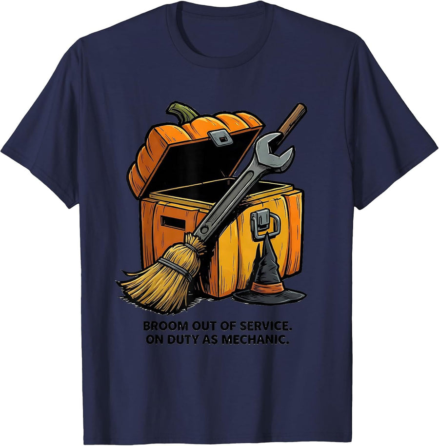 Broom Out Of Service On Duty As Mechanic Funny Halloween T-Shirt - Navy Blue
