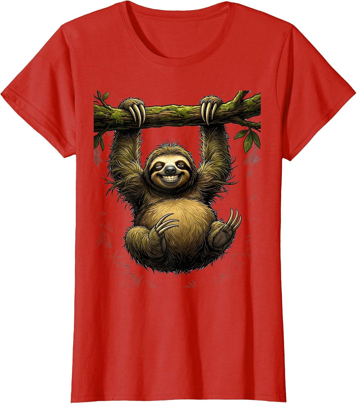 Sloth Wide Open Arms Hanging Illustration T-Shirt - Red