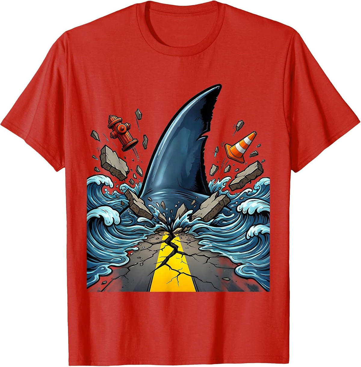 Men's Shark Fin City Street Weird Graphic Tee T-Shirt - Red