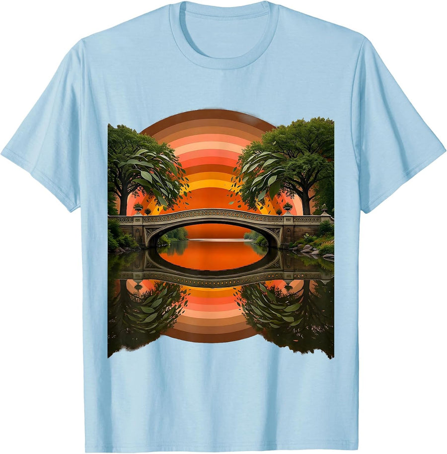 Men's Central Park Autumn Bridge New York Illustration T-Shirt - Baby Blue
