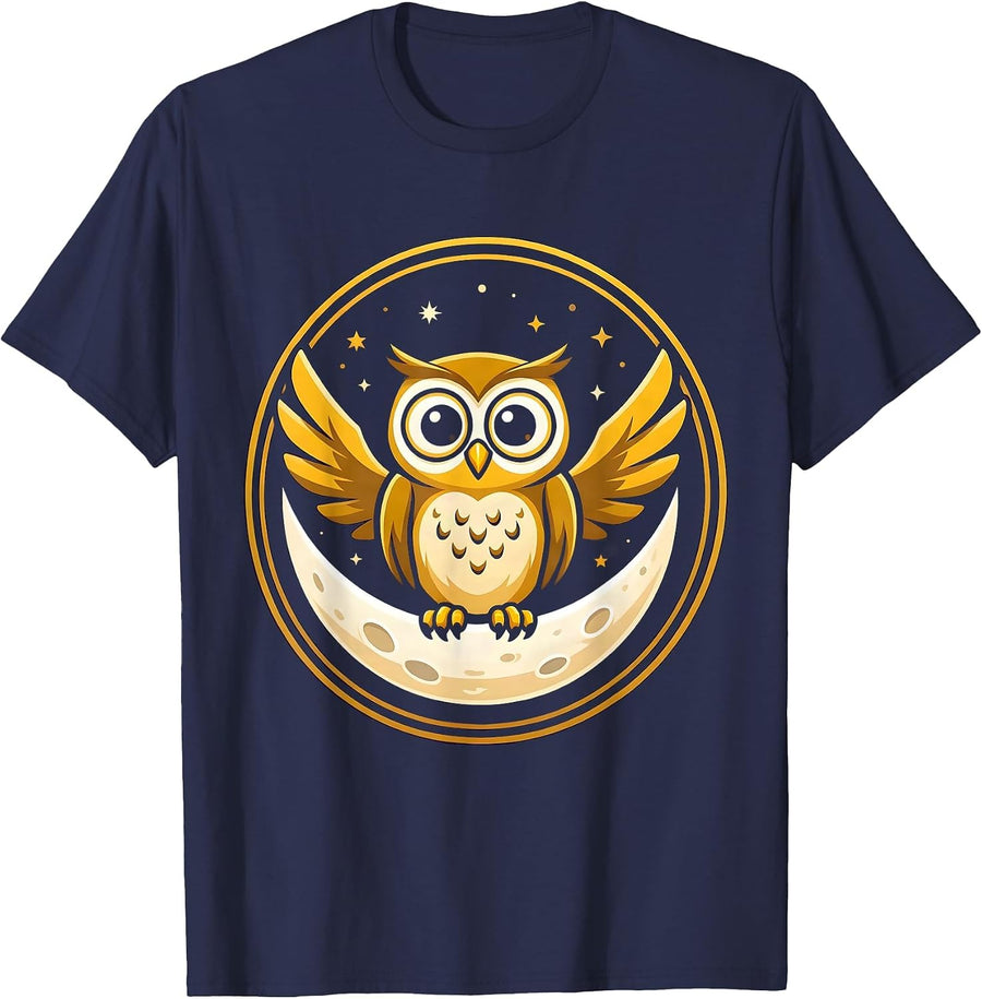 Kids Halloween Owl on Crescent Moon Design T-Shirt - Navy Blue