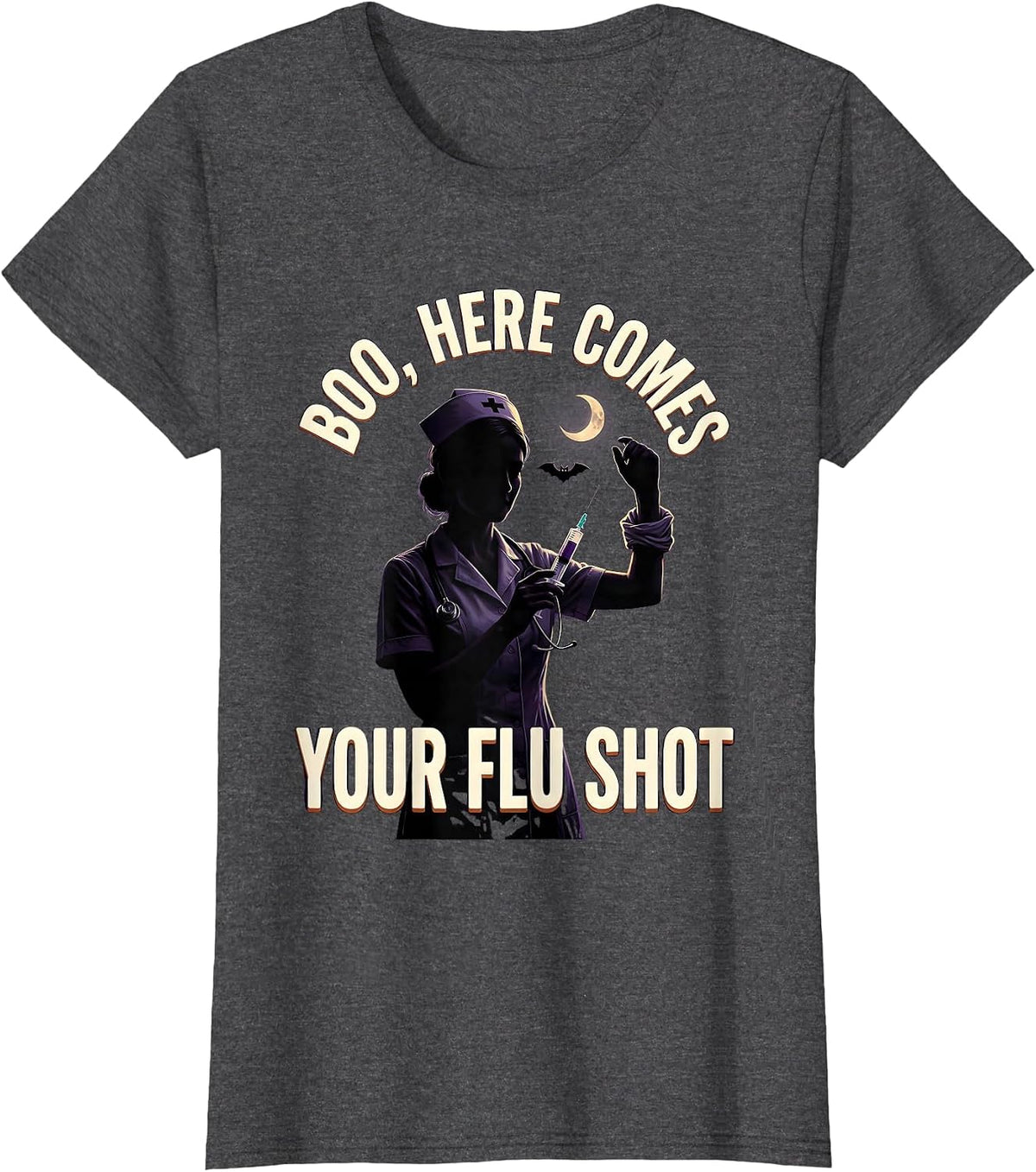 Women's Boo Here Comes Your Flu Shot Funny Nurse Ghost Halloween T-Shirt - Dark Heather Grey