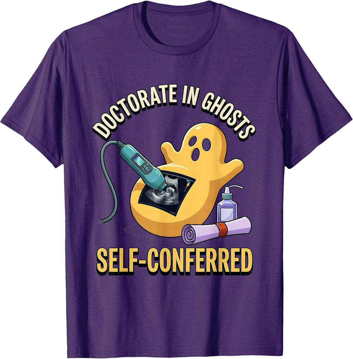 Men's Doctorate In Ghosts Self-Conferred Radiology Tech Halloween T-Shirt - Purple