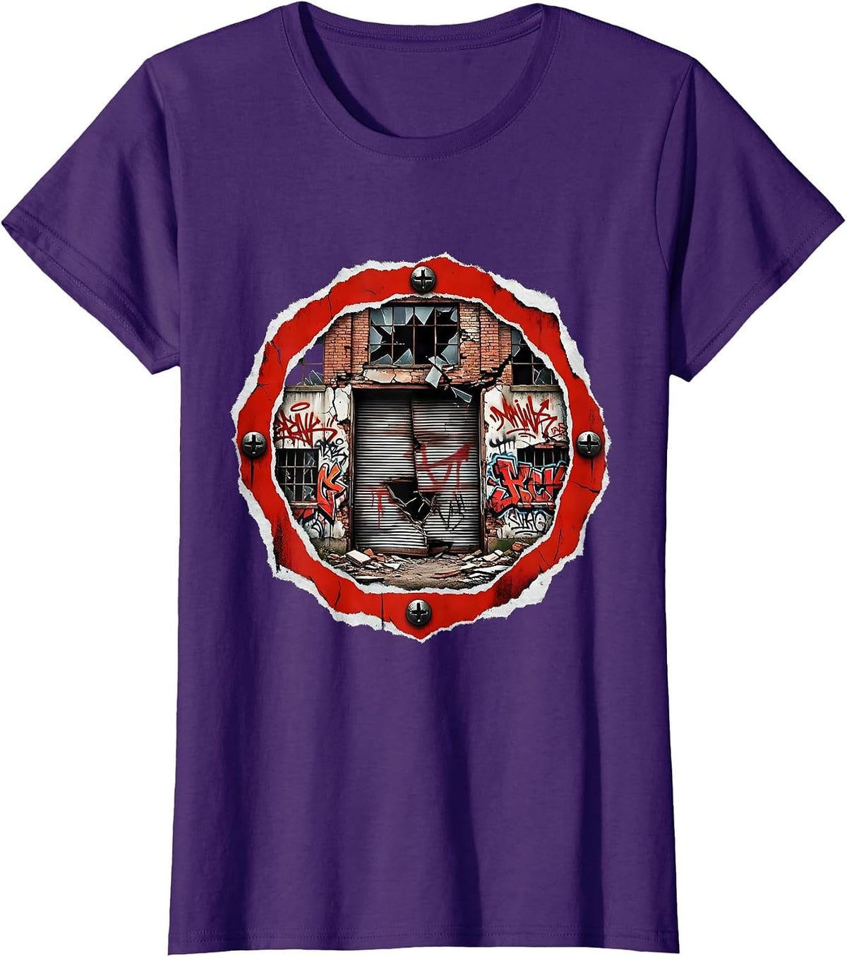 Women's Grunge Graffiti Abandoned Warehouse Night Art T-Shirt - Purple