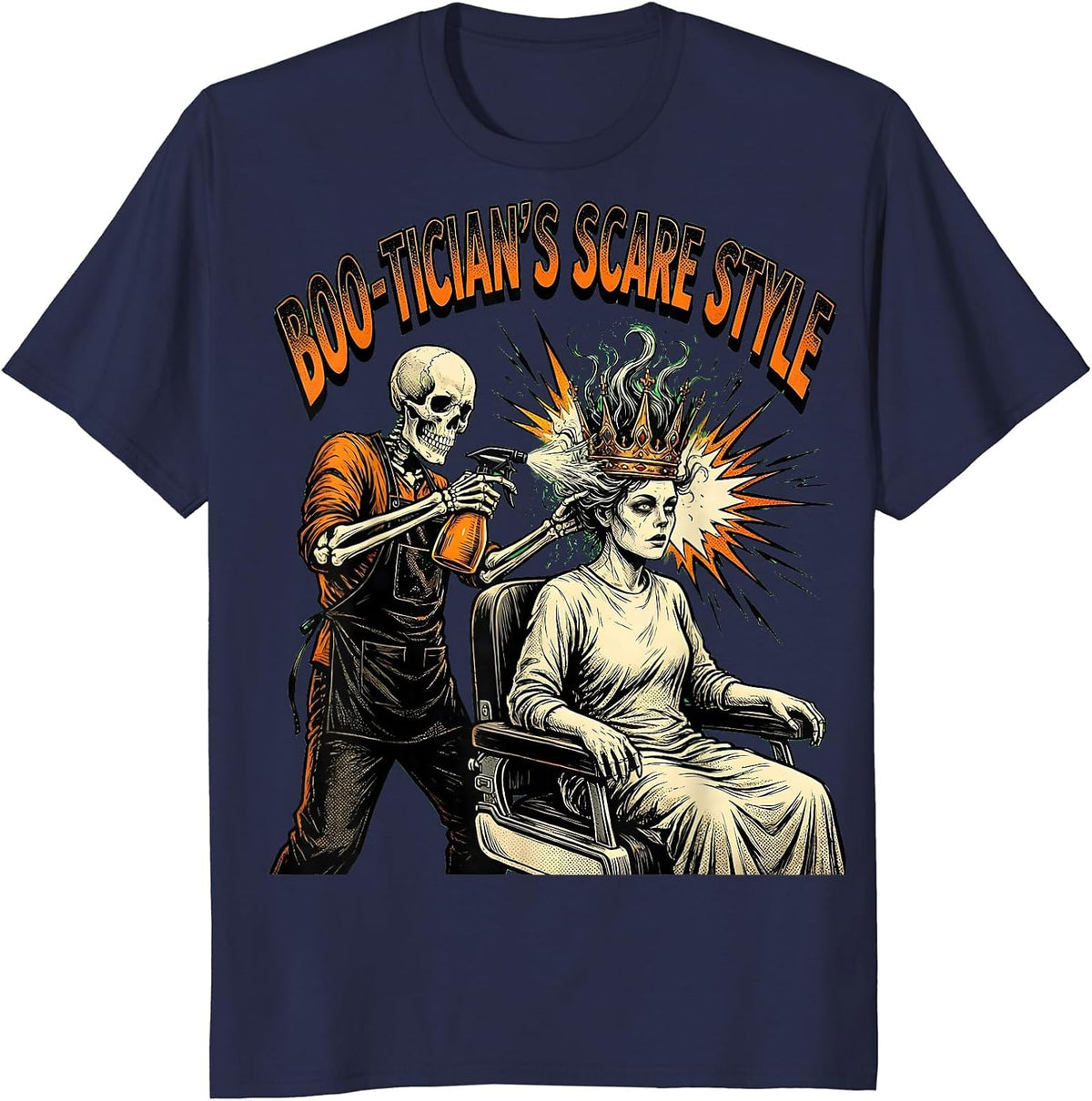 Boo-tician's Scare Style Comic Book Skeleton Hairdresser T-Shirt - Navy Blue