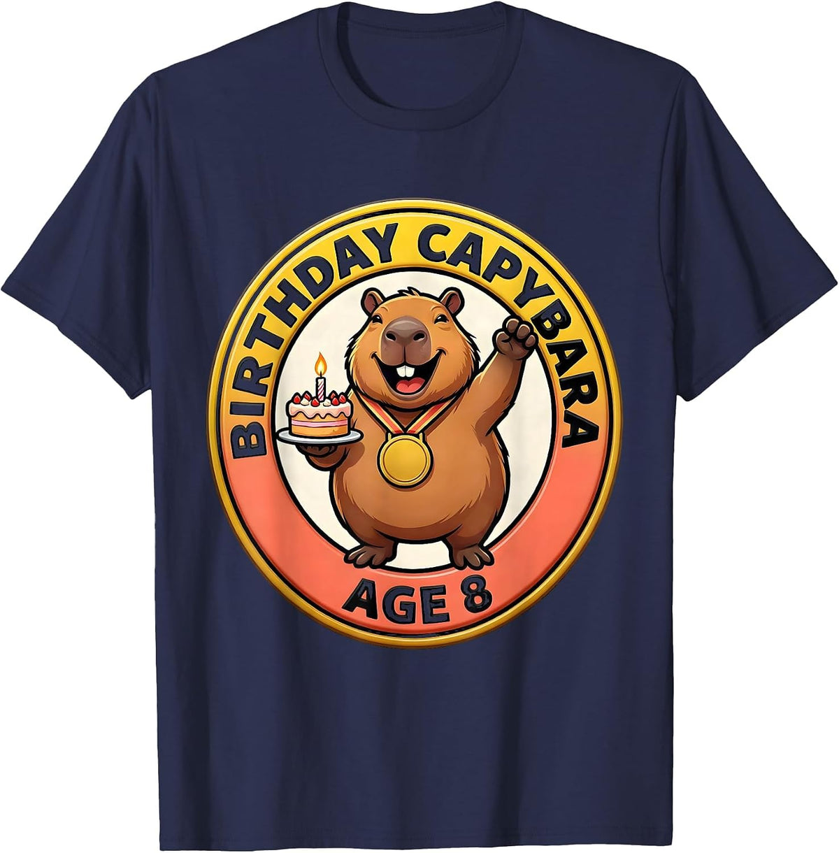 Birthday Capybara Age 8 Kawaii Cute Animal 8th Birthday T-Shirt - Navy Blue