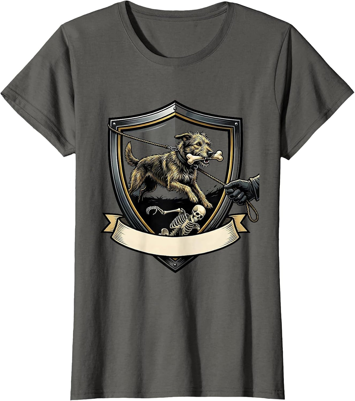 Women's Halloween Skeleton Chasing Irish Wolfhound Dog Mom Humor T-Shirt - Asphalt Grey