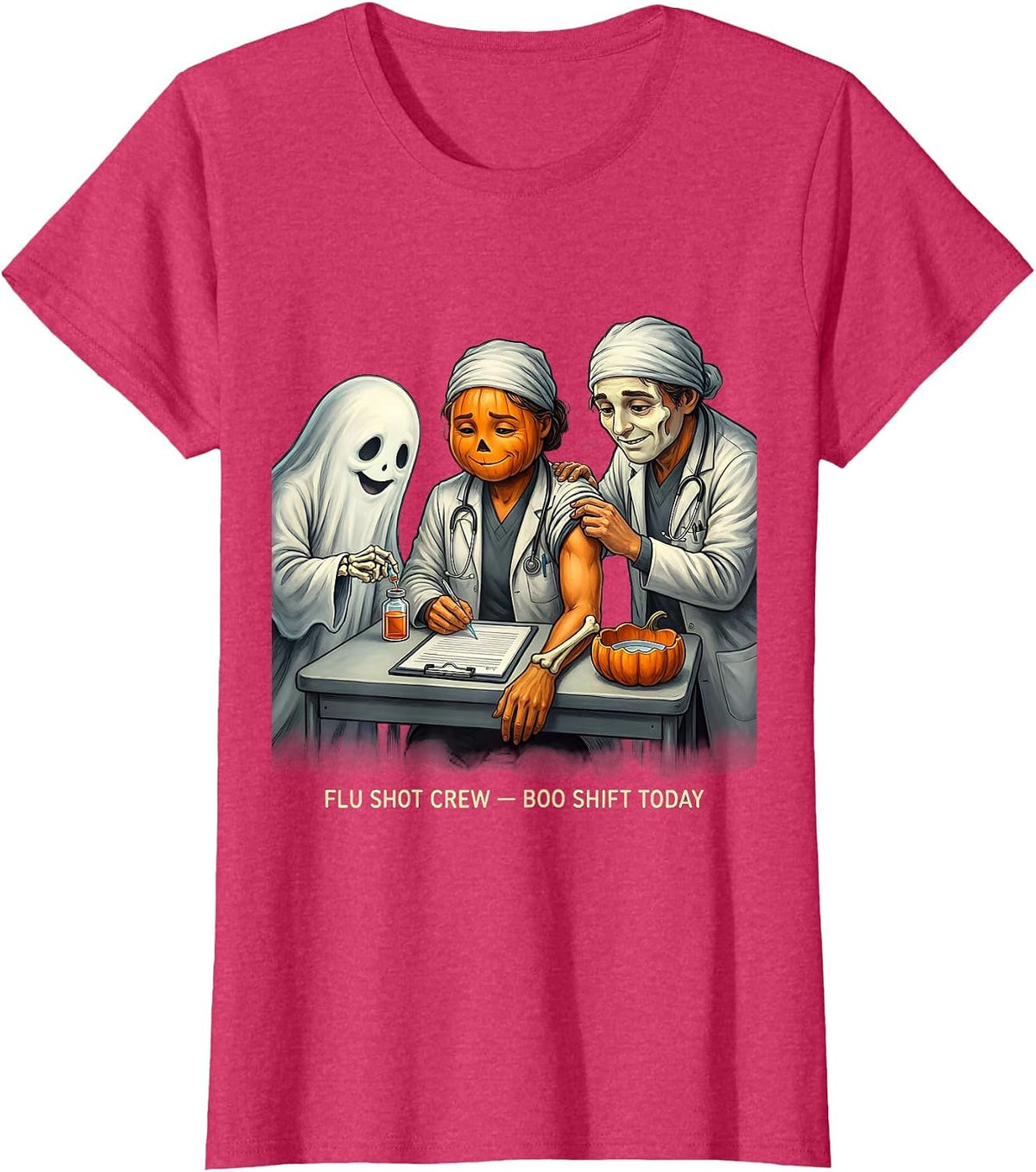 Women's Flu Shot Crew Boo Shift Today Funny Nurse Ghost Halloween T-Shirt - Red Heather