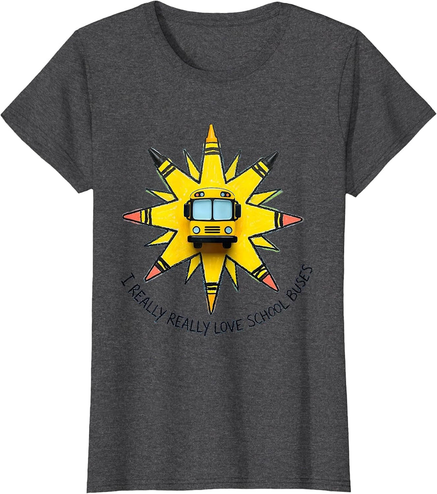 Women's I Really Really Love School Buses Naive Kidcore Funny School T-Shirt - Dark Heather Grey