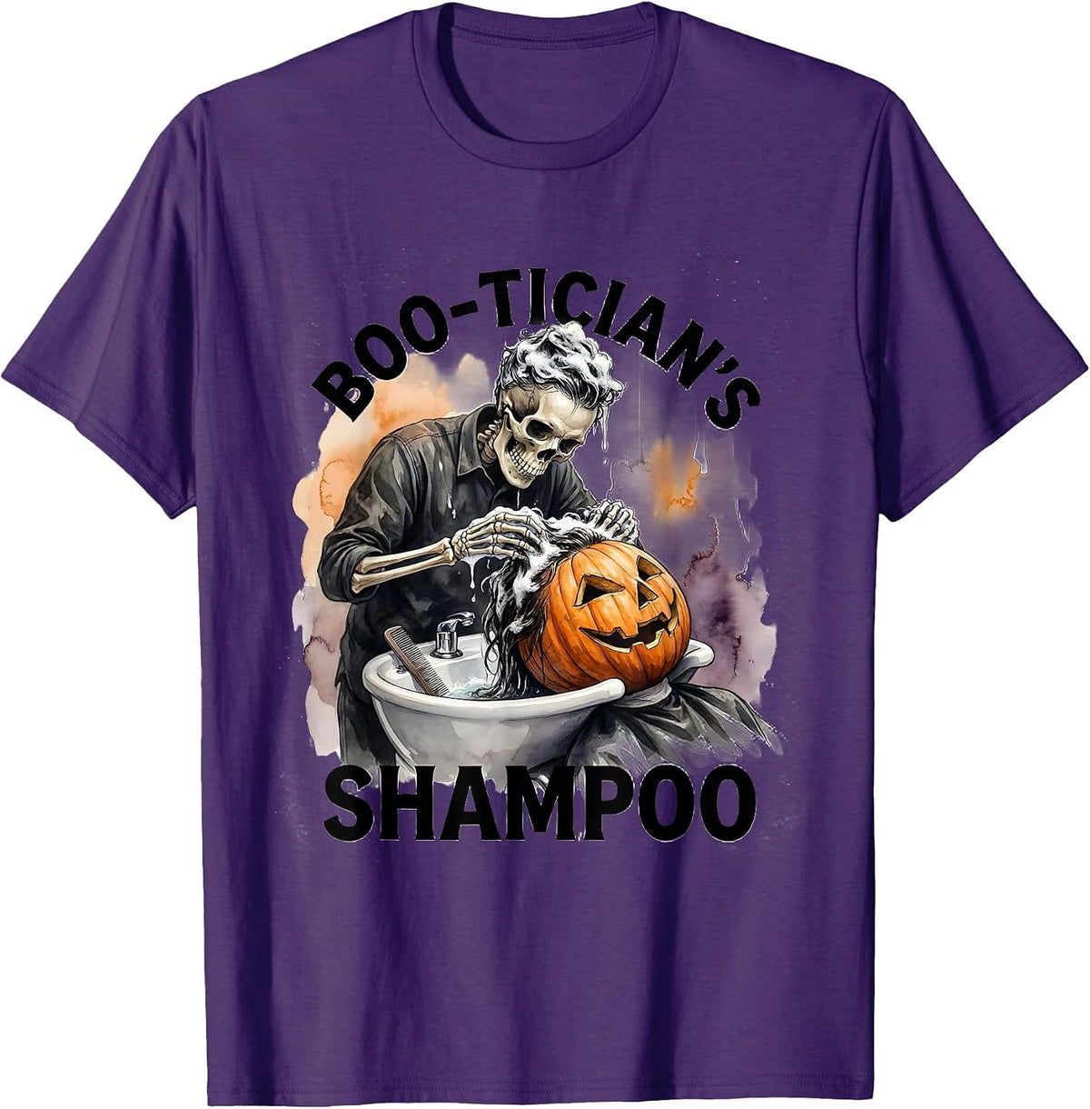 Men's Boo-tician's Shampoo Watercolor Skeleton Hairdresser T-Shirt - Purple