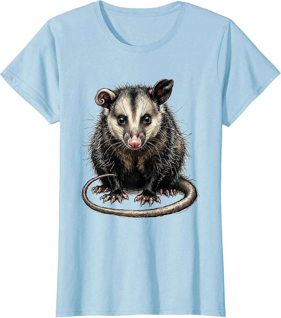 Women's Seated Opossum Hand-Sketched Funny Animal Meme T-Shirt - Baby Blue