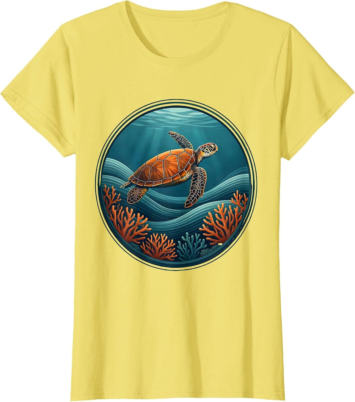 Women's Mexico Sea Turtle Coral Reef Ocean Illustration T-Shirt - Lemon Yellow
