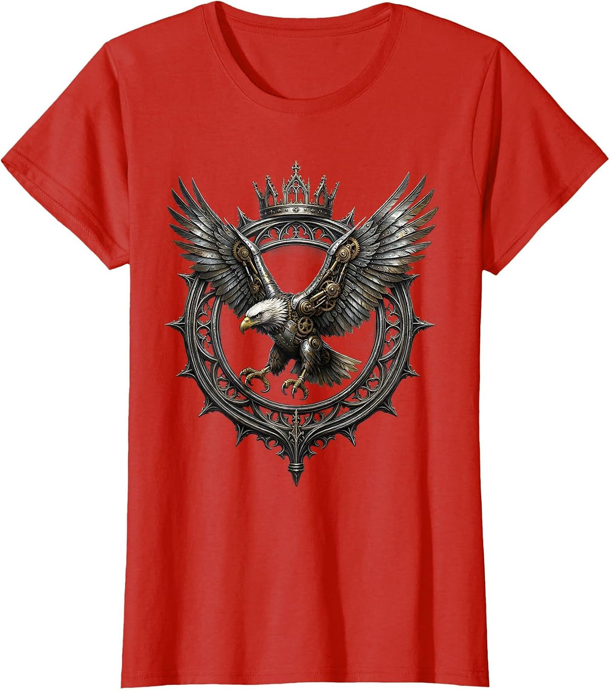 Women's Steampunk Eagle Mechanical Wings Soaring Art T-Shirt - Red