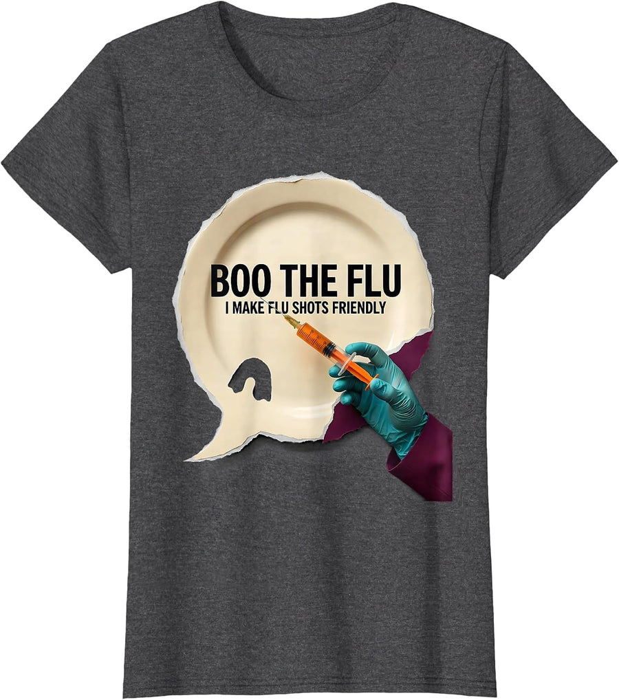 Women's Boo the Flu I Make Flu Shots Friendly Funny Halloween Nurse T-Shirt - Dark Heather Grey