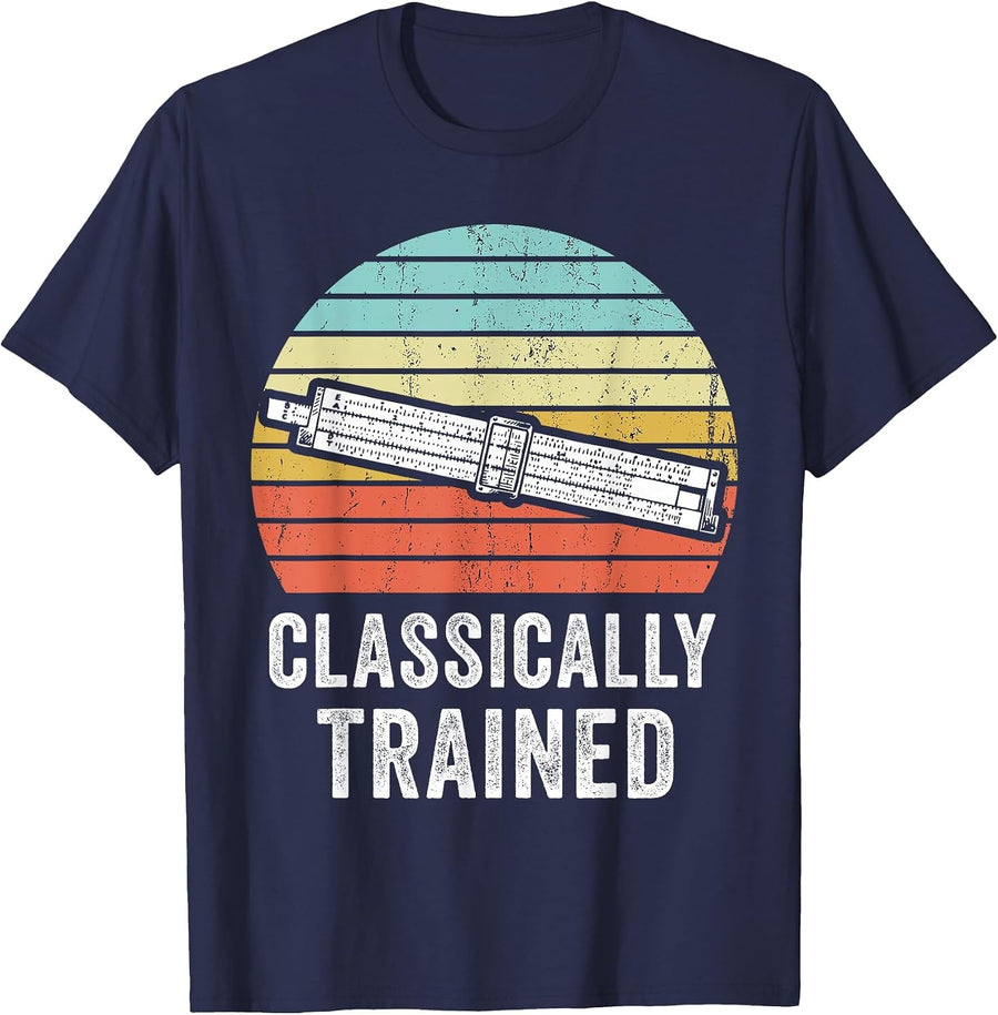 Classically Trained Slide Rule Mechanical Analog Calculator T-Shirt - Navy Blue