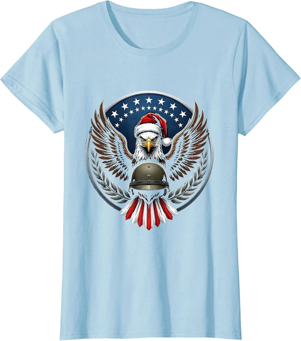Patriotic Eagle Shield Military Christmas Veteran Santa T-Shirt - Baby Blue