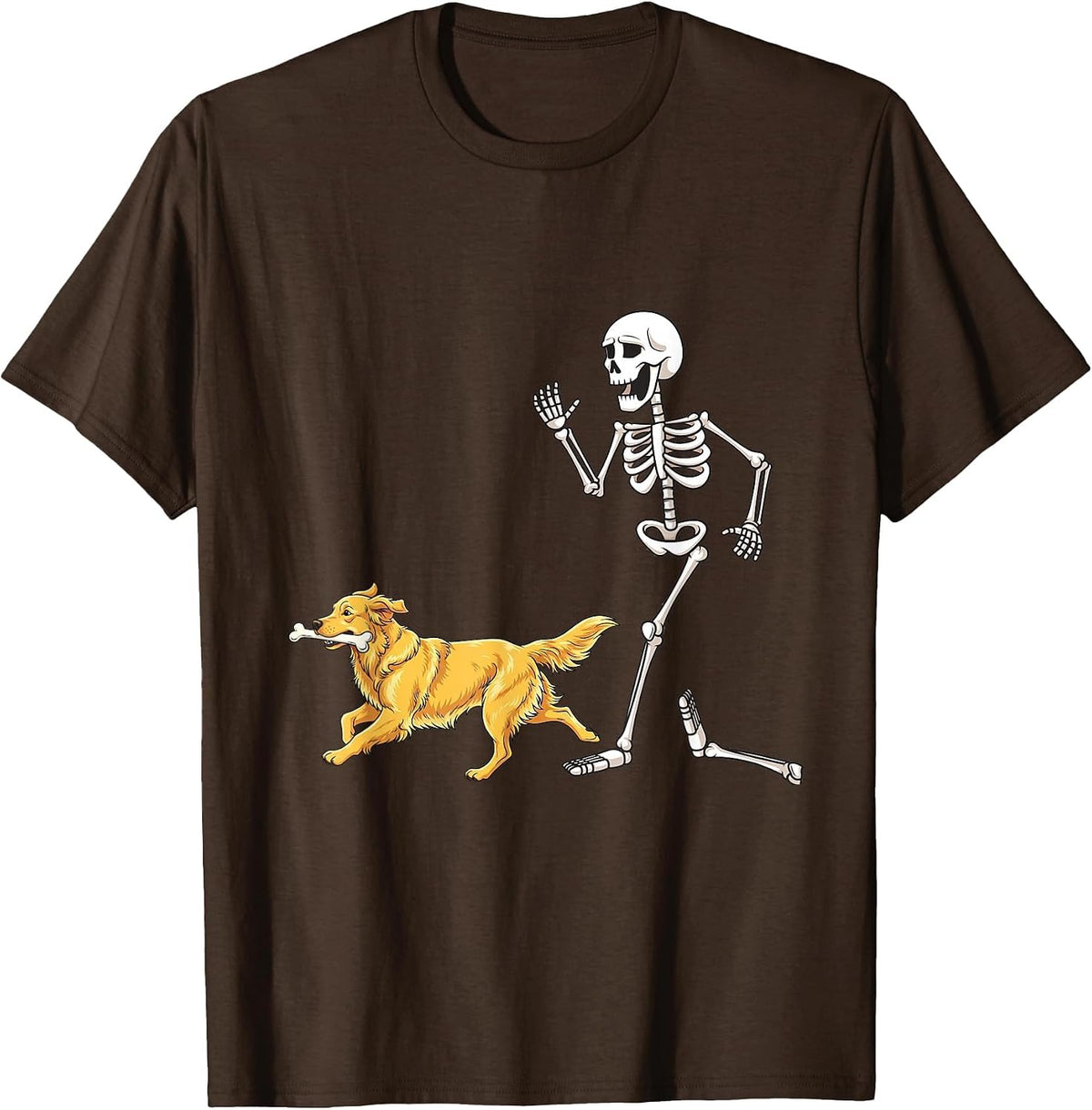 Funny Halloween Golden Retriever and Skeleton T-Shirt - Brown
