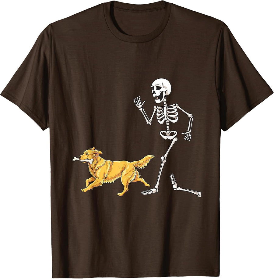 Funny Halloween Golden Retriever and Skeleton T-Shirt - Brown
