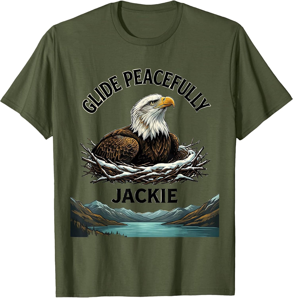 Men's Glide Peacefully, Jackie Wildlife Memorial Tribute Bald T-Shirt - Olive Green