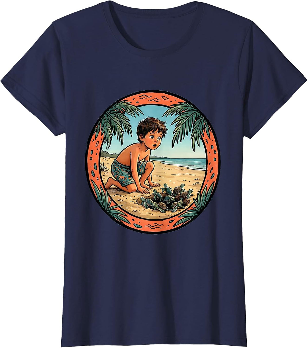 Women's Kids Sea Turtle Hatchling Beach Scene Graphic T-Shirt - Navy Blue