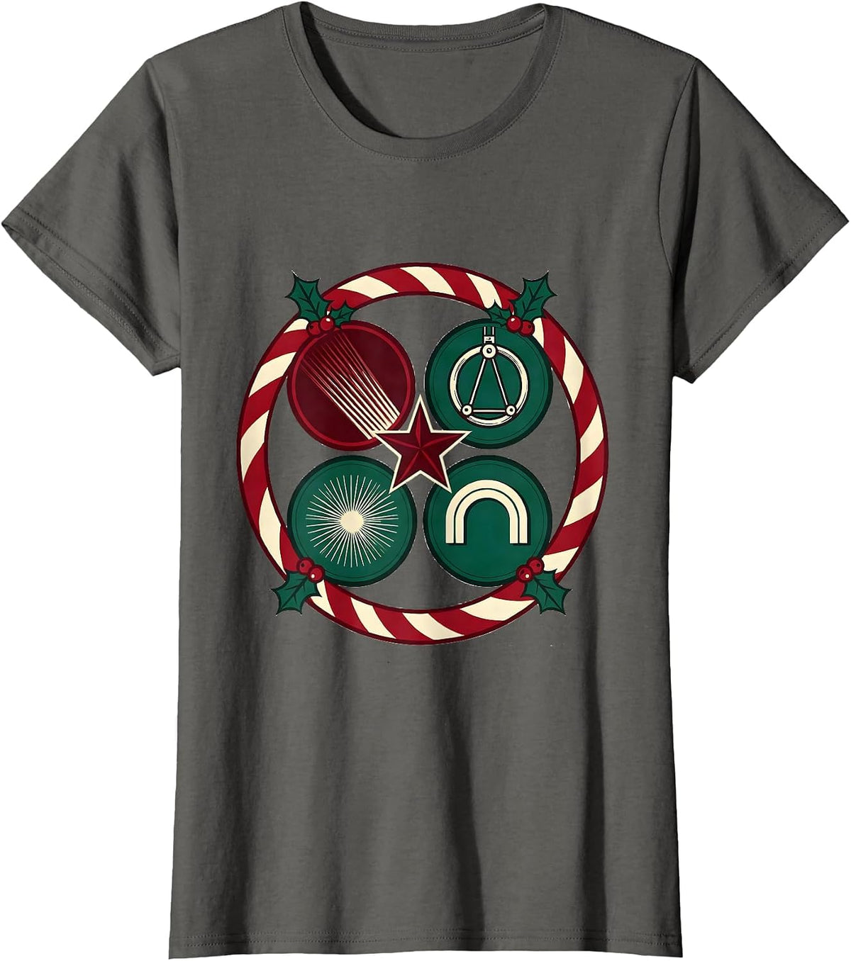 Women's Candy Cane Radiology Tech Holiday Screenprint Badge T-Shirt - Asphalt Grey