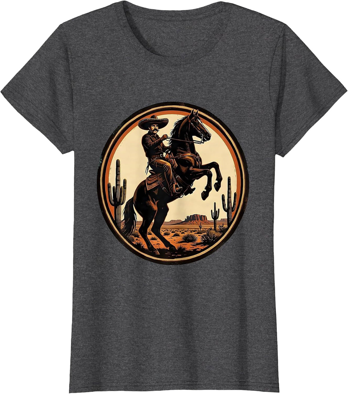 Women's Mustachioed Rider Desert Horseback Mexican Art T-Shirt - Dark Heather Grey