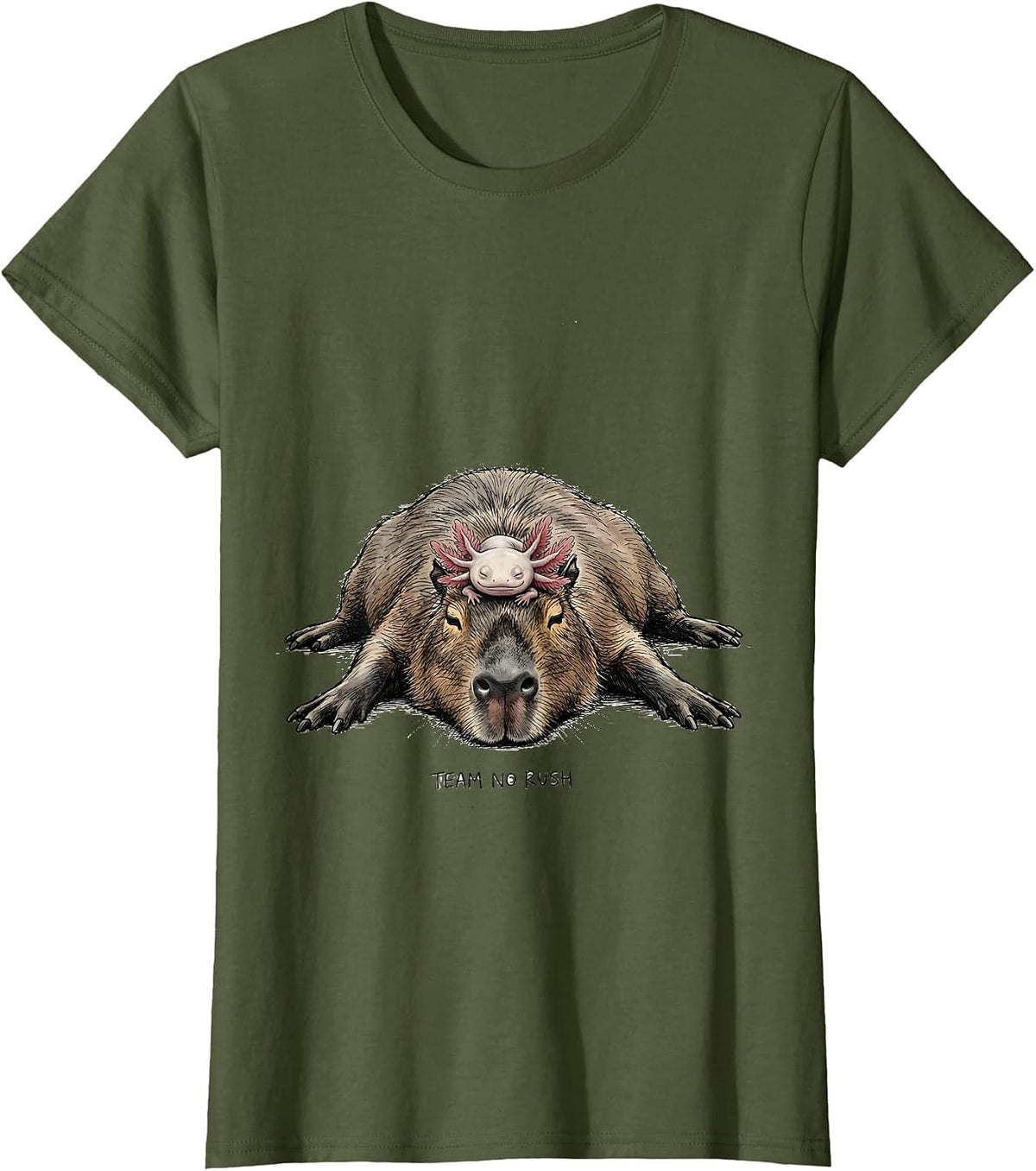 Women's Team No Rush Cute Kawaii Capybara Axolotl Animal Lover Kids T-Shirt - Olive Green