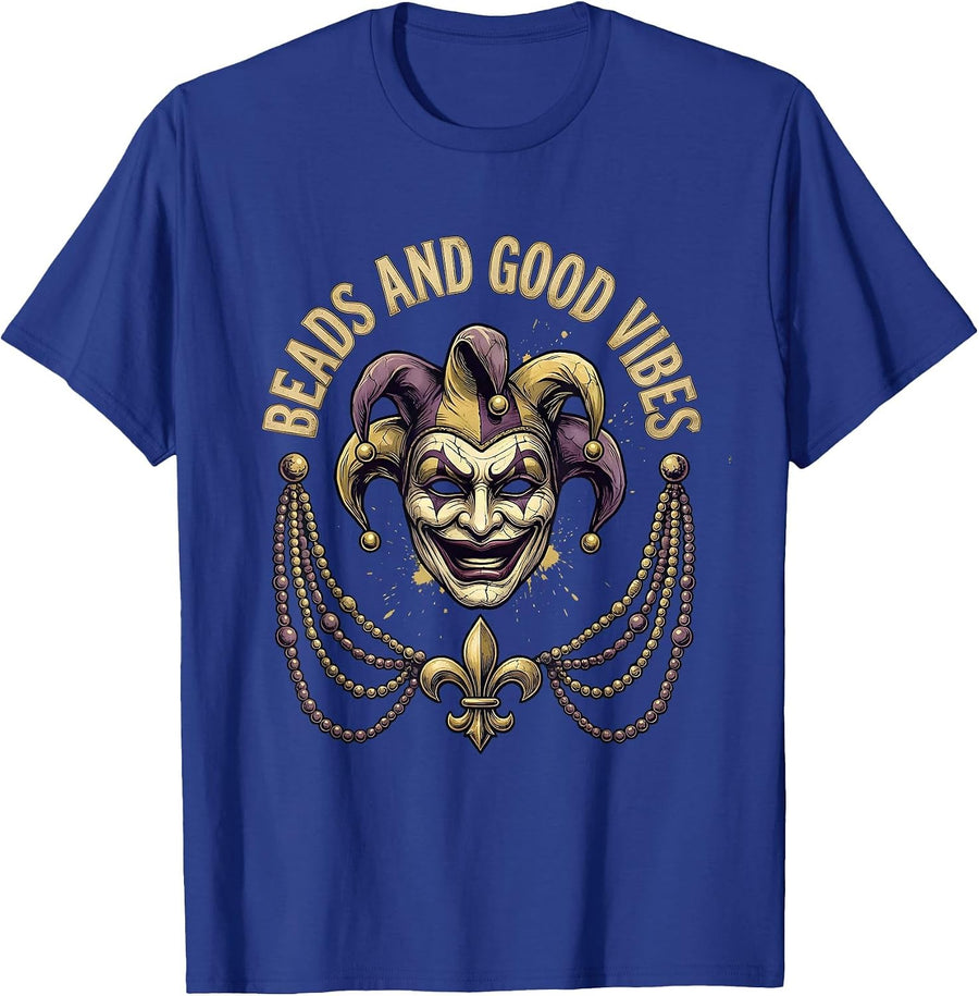 Beads and Good Vibes Mardi Gras Celebration Design T-Shirt - Royal Blue
